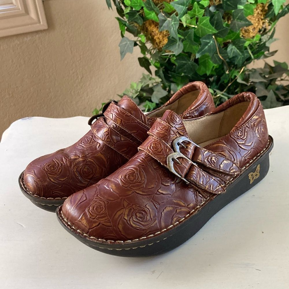 Alegria Brown Embossed Rose Leather Clogs
